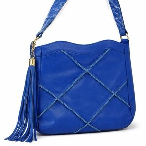 Nyla Noor Soho Leather Bucket Shoulder Bag Purse Tassel Boho Cobalt Blue NEW